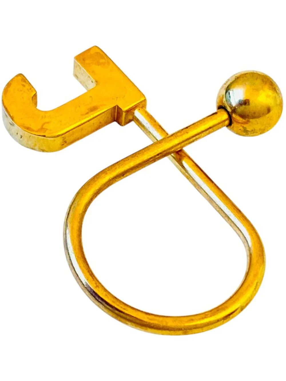 Retro Initial Letter J Car Keychain Key Ring FOB Alphabet Metal Goldtone